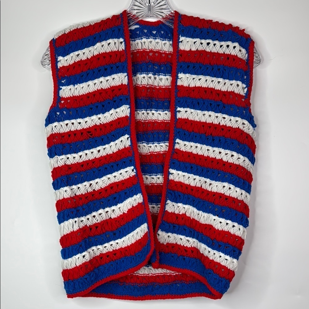 Vintage Handmaid Patriotic Knit Open Front Vest Red White Blue Small